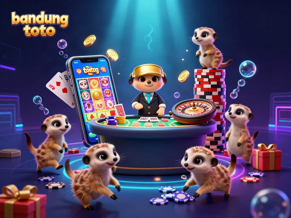 Engage with bandung toto in a vibrant, action-packed casino scene featuring playful meerkats and thrilling gaming elements.