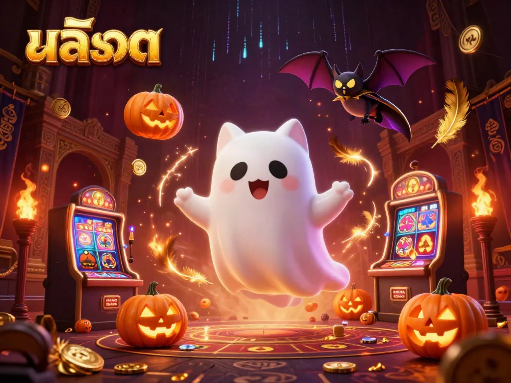 Unleash the thrill of สล็อต with a ghost cat in a haunted casino, glowing jack-o-lanterns, and vibrant elements.