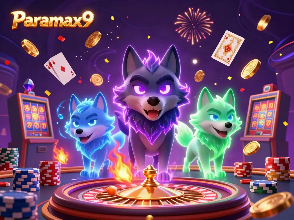 Experience thrilling gaming with Paramax9, featuring ghostly wolves, roulette, and poker elements.