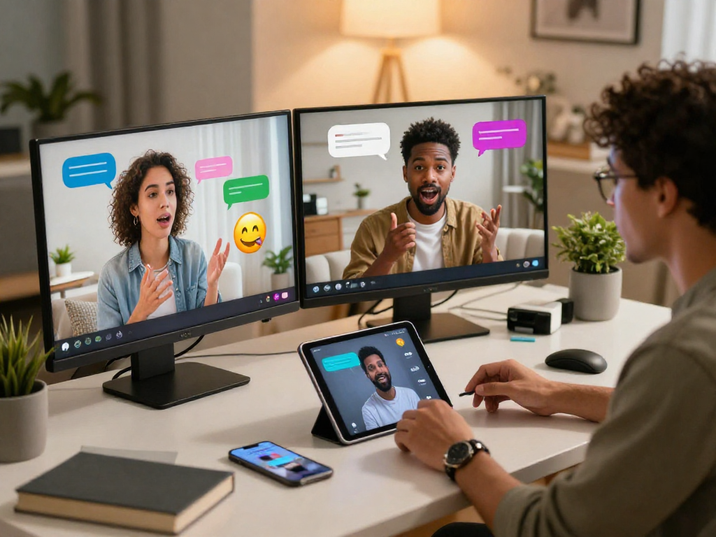 Engaging nsfw chat scene with diverse users sharing playful conversations in a cozy digital space