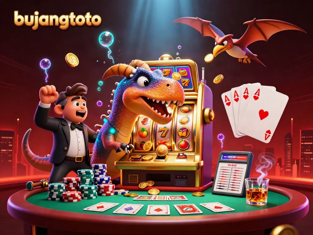 Pachycephalosaurus excitingly interacts with the bujangtoto slot machine, highlighting vibrant casino elements.