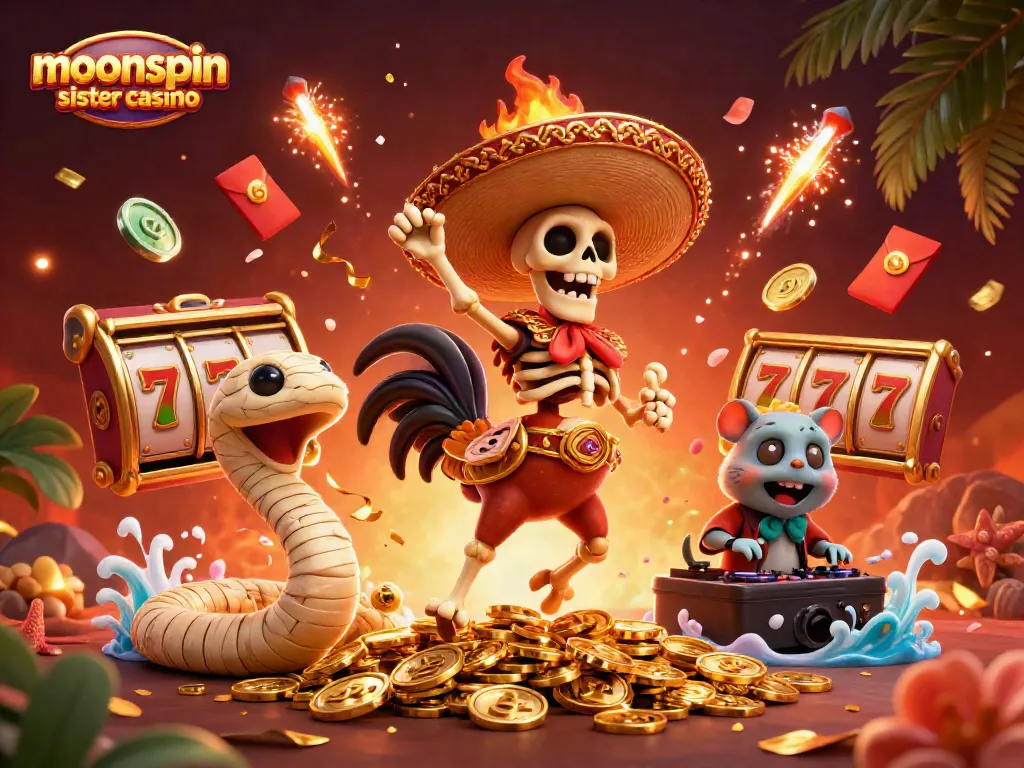 Experience the moonspin sister casino with a lively victory dance amidst gold coins and gaming elements.