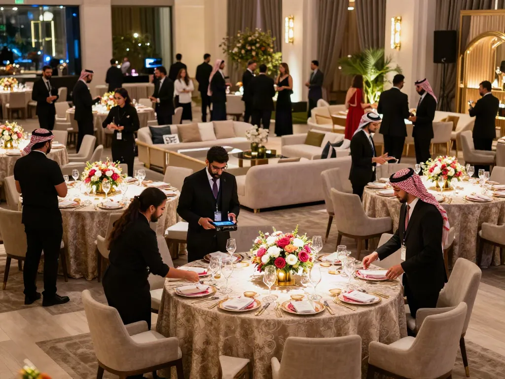 Event rental KSA setup with elegant furniture and decor at a gala event.