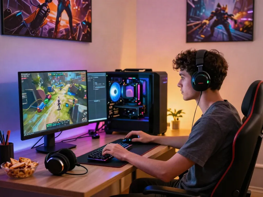 Dynamic gaming session with a gamer at a high-performance setup showcasing Bro138's digital-first experience.