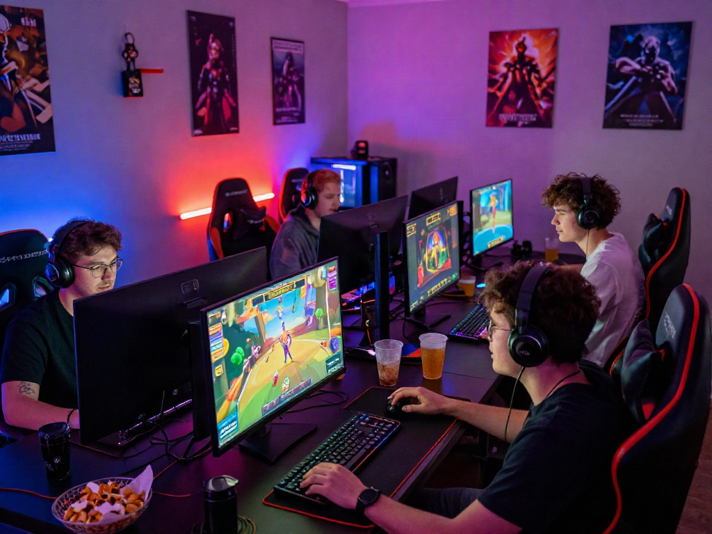 Friends enjoying an exciting slot qris gaming experience in a vibrant gaming room with colorful visuals.