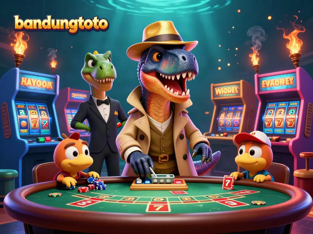 Engage with bandungtoto in this vibrant casino scene featuring a velociraptor at a blackjack table surrounded by gaming elements.