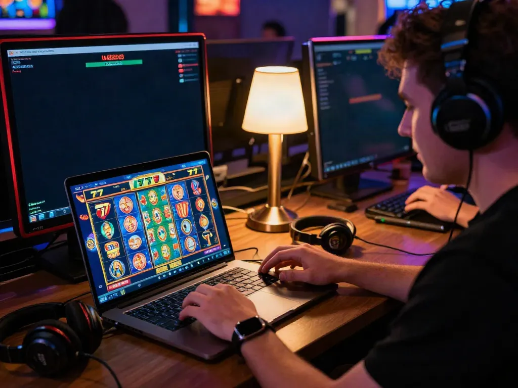 Player enjoying slot777 online games on a modern laptop in a vibrant gaming workspace.
