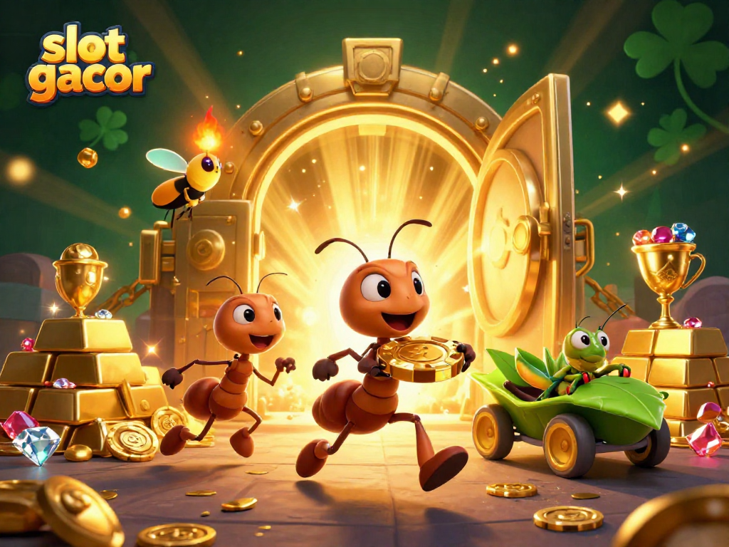 Experience the thrill of slot gacor with vibrant cartoon ants heisting golden chips in a casino adventure.