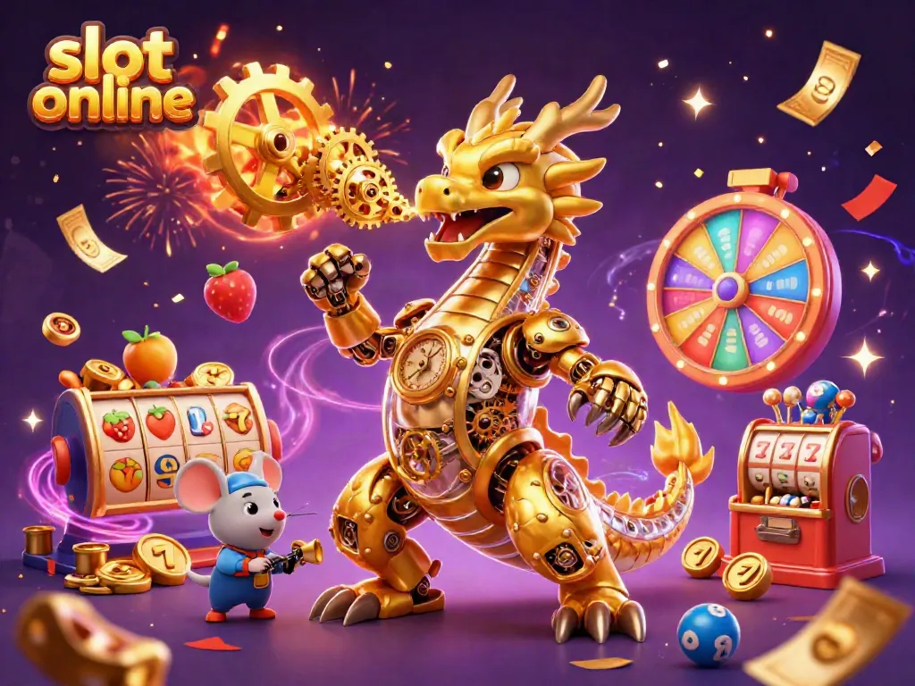 Experience thrilling slot online action with a golden dragon amidst vibrant casino elements.