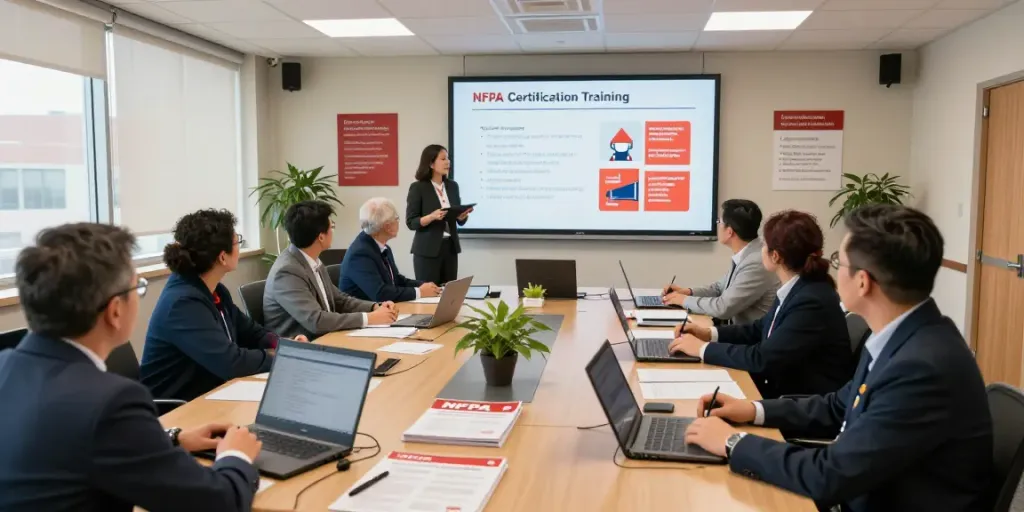 Professional team engaged in NFPA Certification Training session in modern conference room, showcasing collaborative learning.