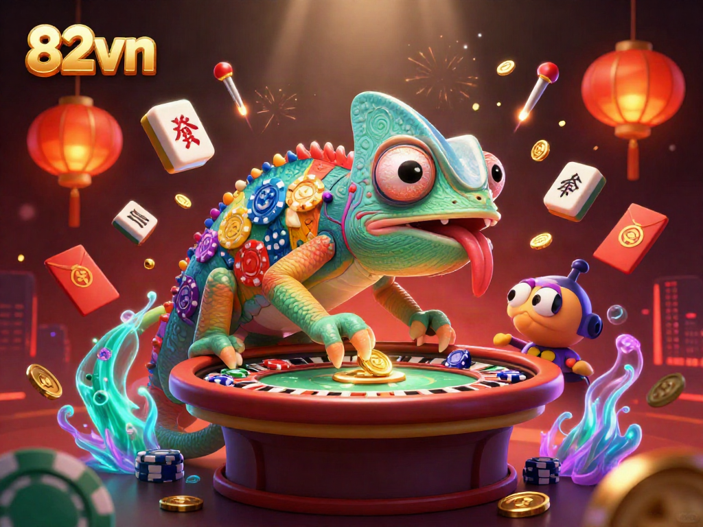 Engage in thrilling gameplay with 82vn’s chameleon casino owner amidst dazzling mahjong and festive elements.