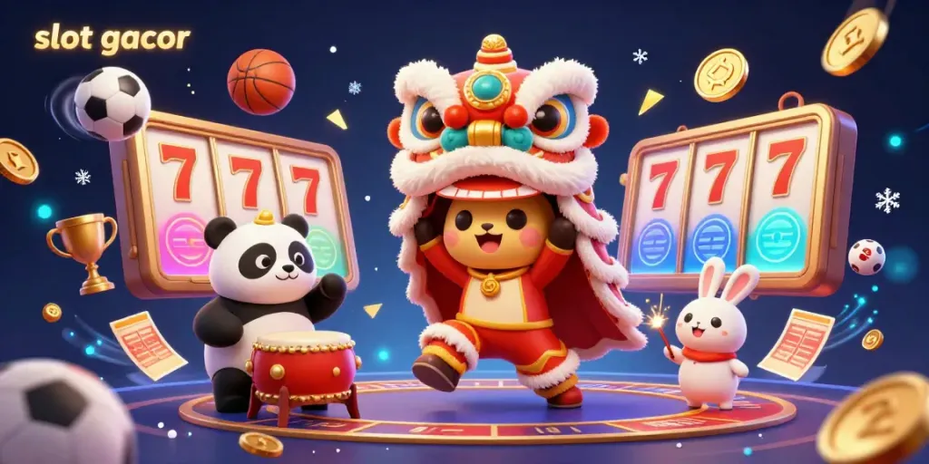 Engage with slot gacor visuals, showcasing festive characters and dynamic casino elements in a casino-themed illustration.