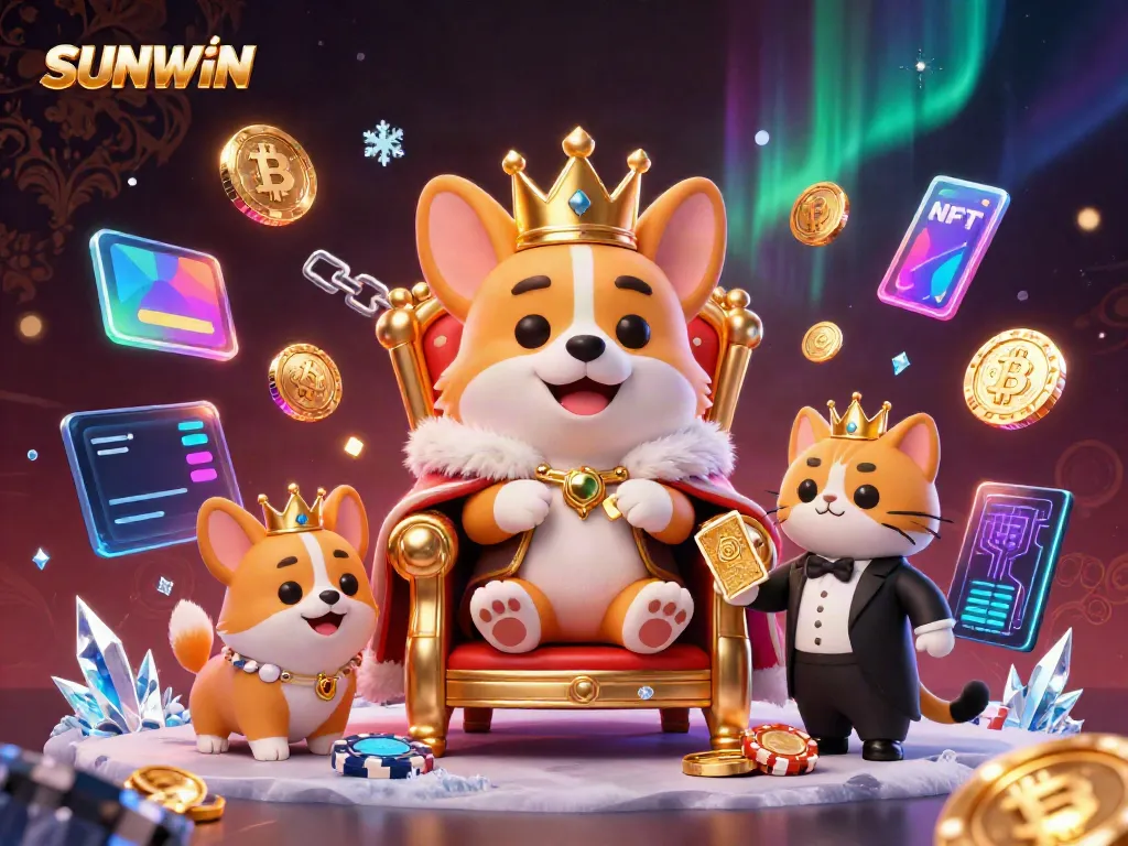 Immerse in SUNWIN's colorful 3D casino scene with corgis and golden cards.