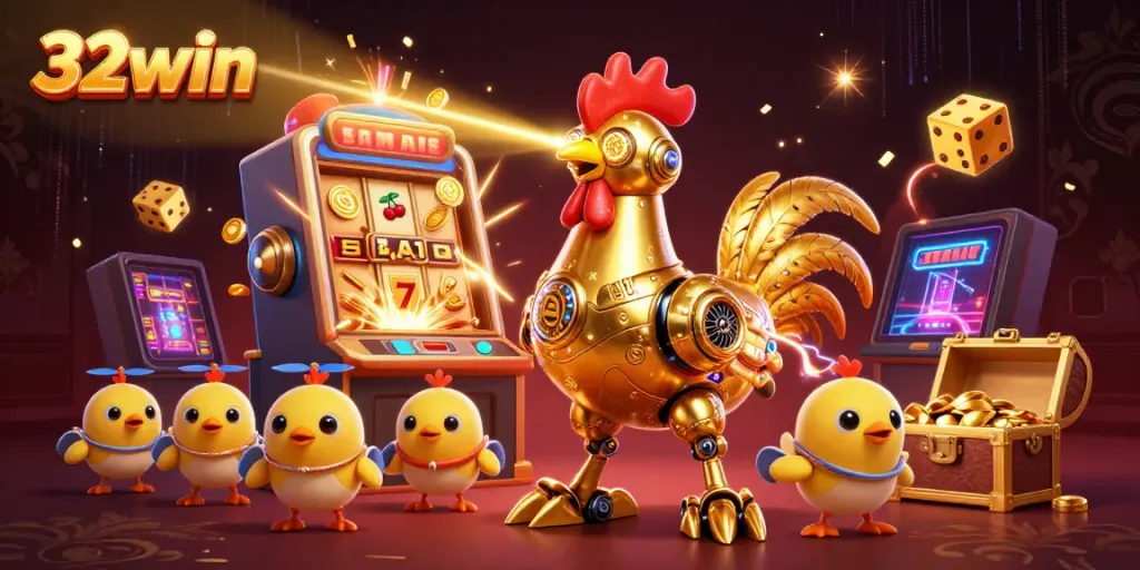 32win features a vibrant 3D robot at a dynamic casino scene with games and jackpots.