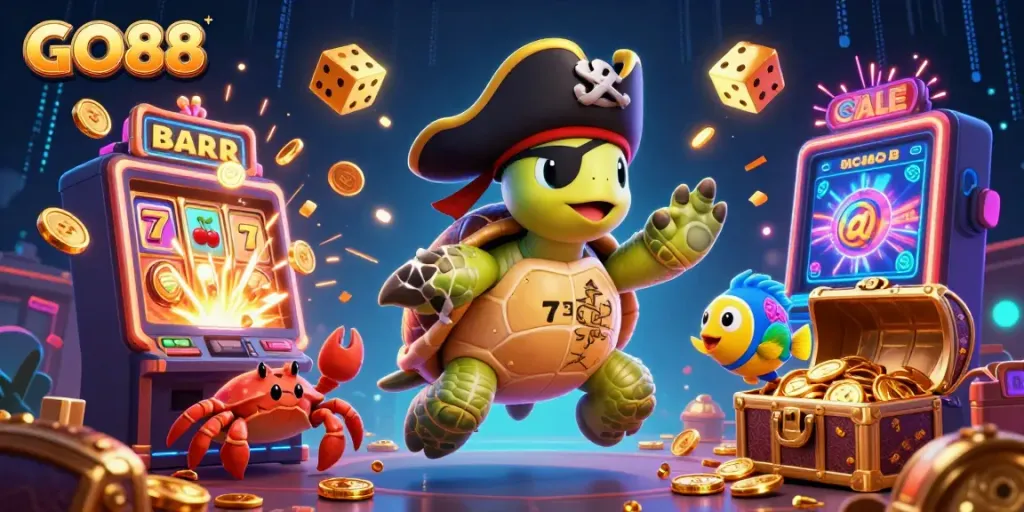 Experience GO88's thrilling online gaming with vibrant slot machine elements and animated characters.