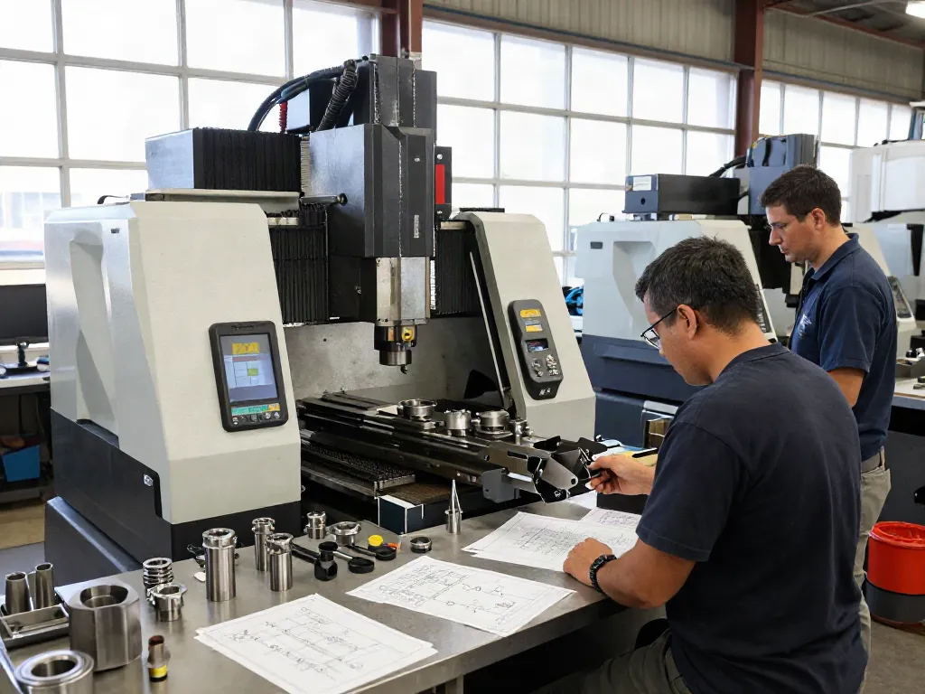 CNC machine shop in Houston with skilled technicians operating advanced machinery and tools showcasing precision craftsmanship.