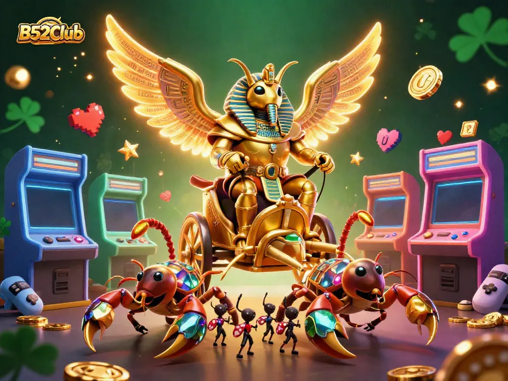 Engage in thrilling gameplay at B52Club with a vibrant 3D casino scene featuring a golden beetle and scorpions.