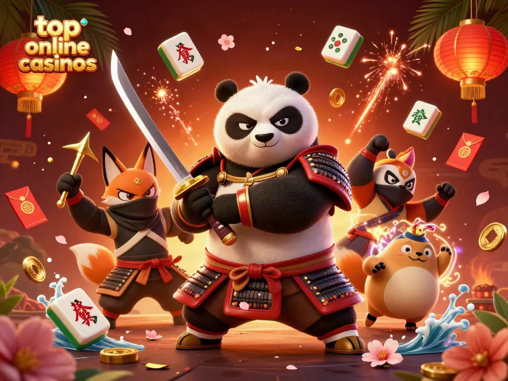Engaging scene from top online casinos, featuring a samurai panda and ninja fox amid festive casino elements.