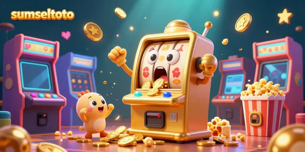Sumseltoto golden slot machine celebrating a jackpot under glowing arcade lights, surrounded by cheering partners.