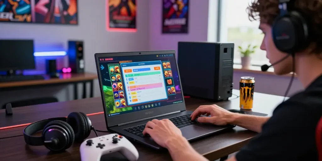 BOS88 online gaming platform scene showcasing an engaging player with vibrant graphics on laptop and gaming accessories.