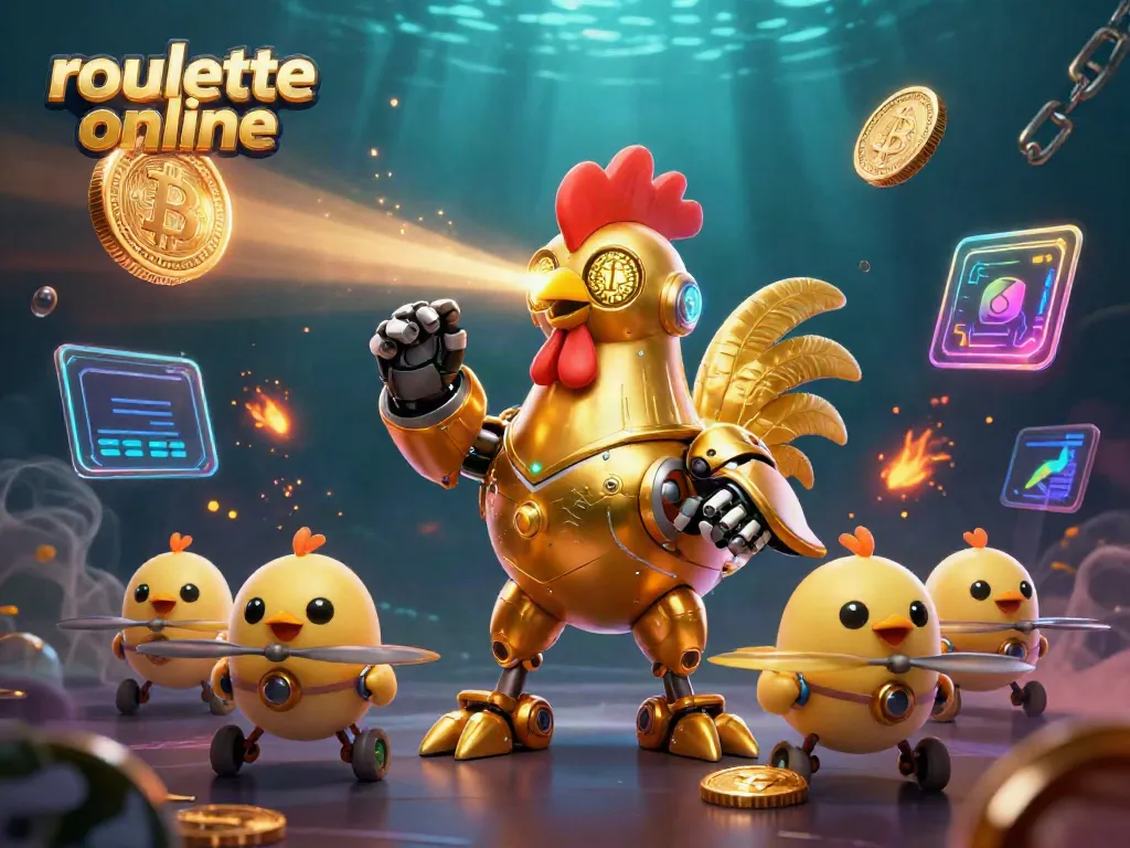 Engage with roullete online, featuring a golden robot and playful drones amidst vibrant casino elements.