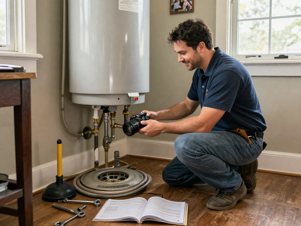 Professional plumber Fort Worth examining a water heater in a cozy home, showcasing plumbing services.