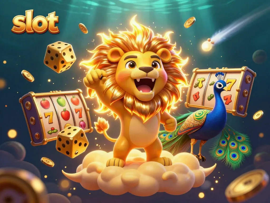 Mesin slot berputar dengan simbol buah dan jackpot dikelilingi koin emas.