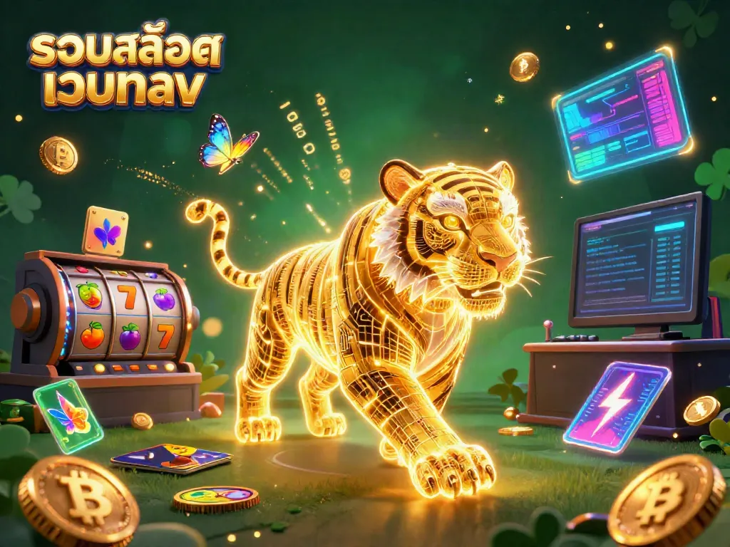 Experience the excitement of รวมสล็อตเว็บตรง with a neon tiger in a vibrant casino landscape.