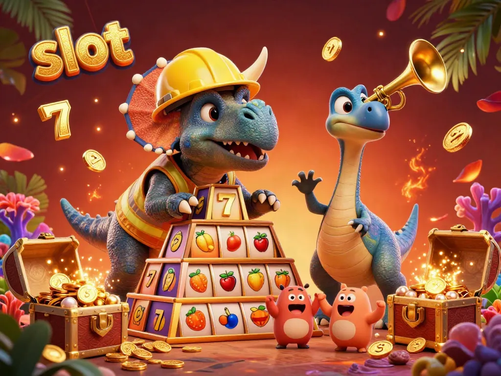 Engaging slot scene with a triceratops and celebratory elements amid vibrant casino details.