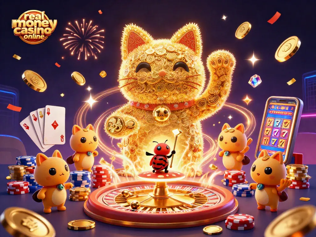 Experience the excitement of a real money casino online with a vibrant 3D illustration of lucky symbols and games.