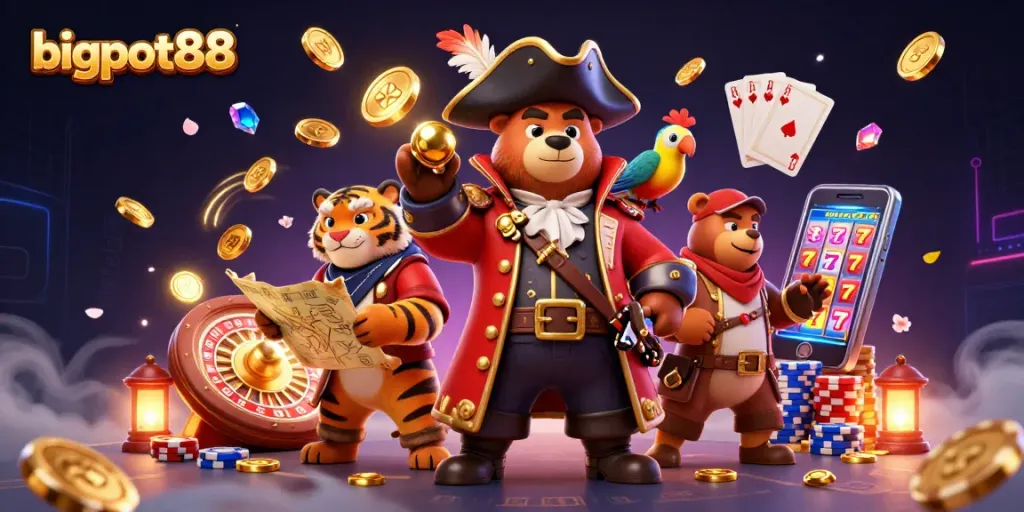 Permainan menarik di bigpot88 dengan karakter kartun dan elemen kasino yang menggugah semangat bermain.