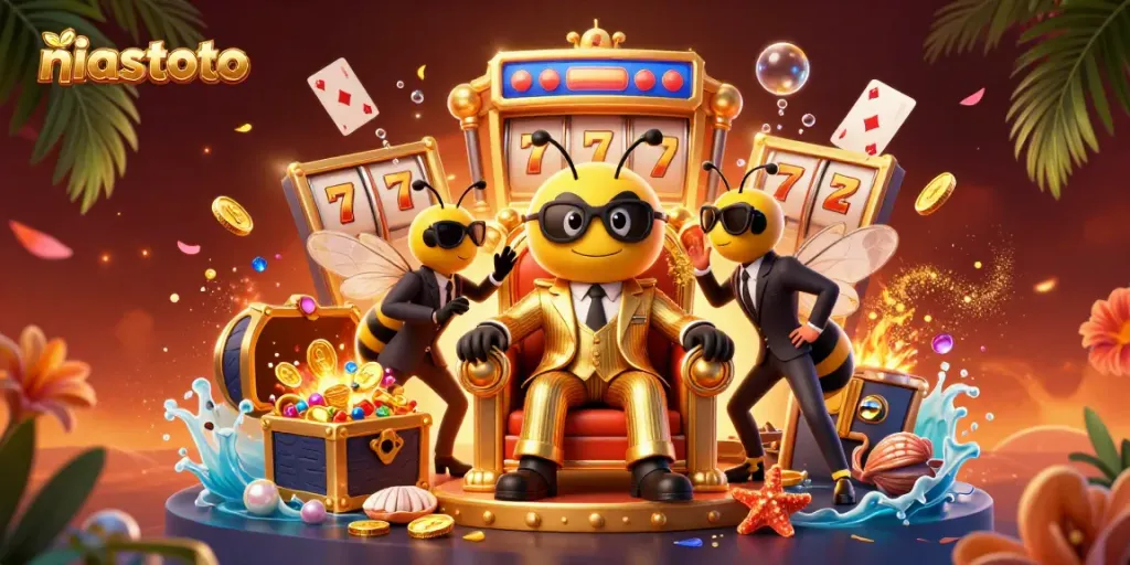 Niatoto gaming scene depicting a bumblebee mob boss with slot reels and gold coins for an engaging casino experience.