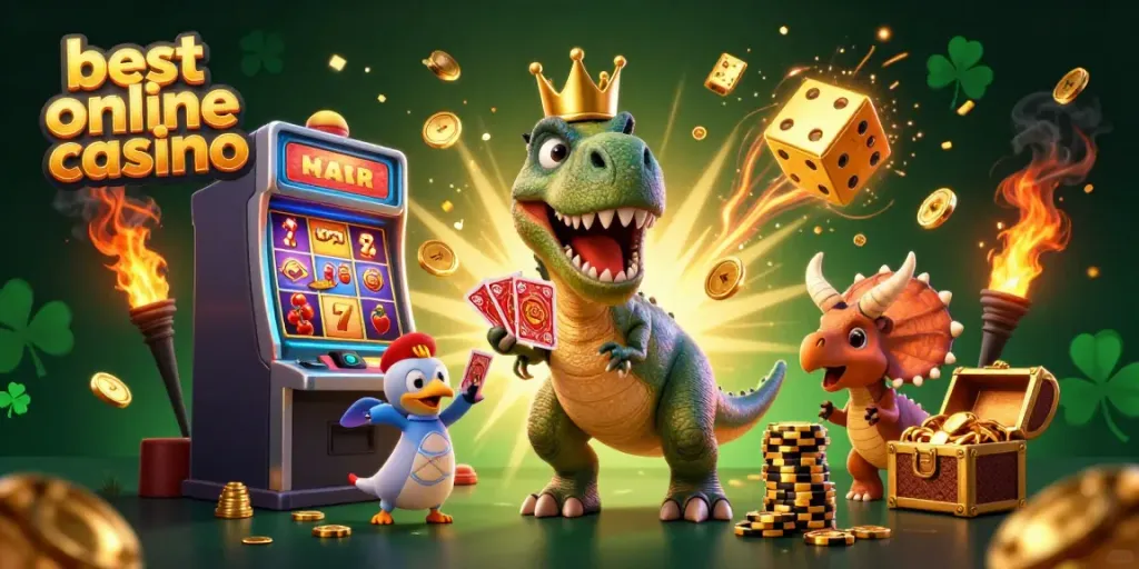 Experience the best online casino action with animated characters, chips, and slot machines in a vibrant 3D scene.