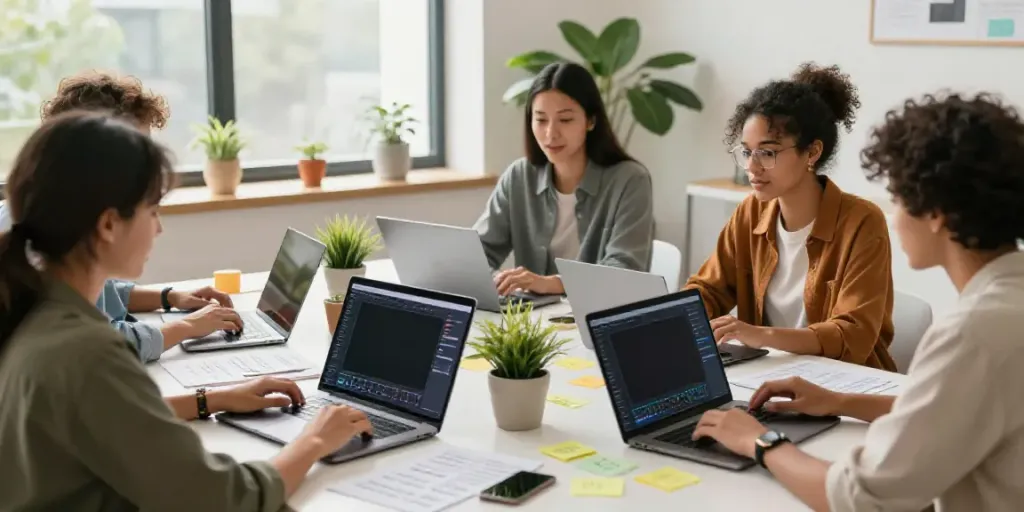 Team collaborating on content creation with artificial intelligence in a bright workspace.
