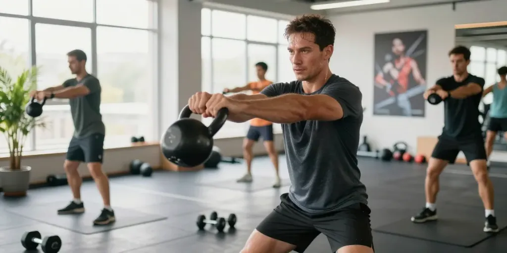 Athletic man performing kettlebell swing showcasing cargi workout effectiveness in a vibrant gym setting.