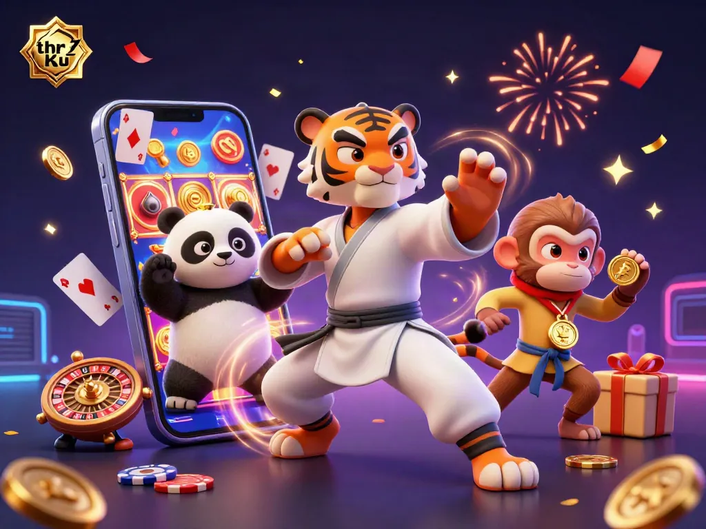 Engage with thrilling casino action at thr ku, featuring vibrant characters amidst a festive gaming scene.