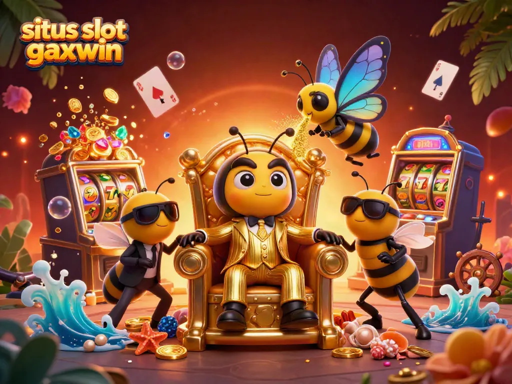 Situs slot gacor maxwin depicts a vibrant 3D casino scene with a bumblebee mob boss, rich treasures, and dynamic gaming elements.
