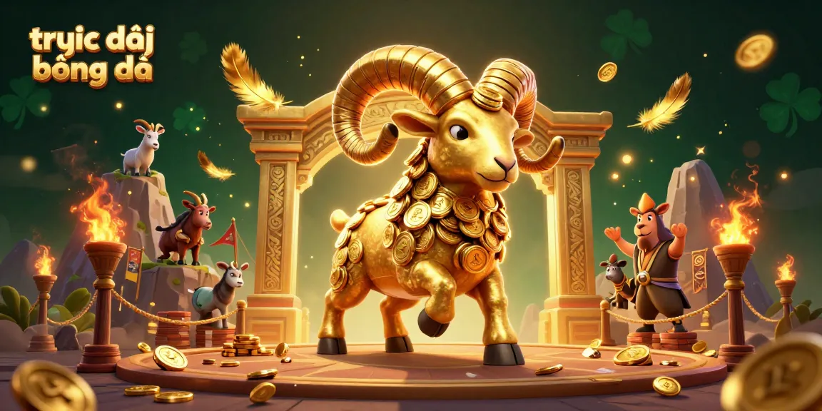 Explore trực tiếp bóng đá with an energetic scene featuring a charging ram among gold coins and vibrant decorations.