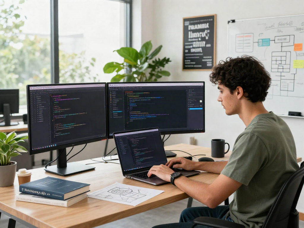 Developer working on the pikashow apk in a modern office, surrounded by coding tools and vibrant decor.
