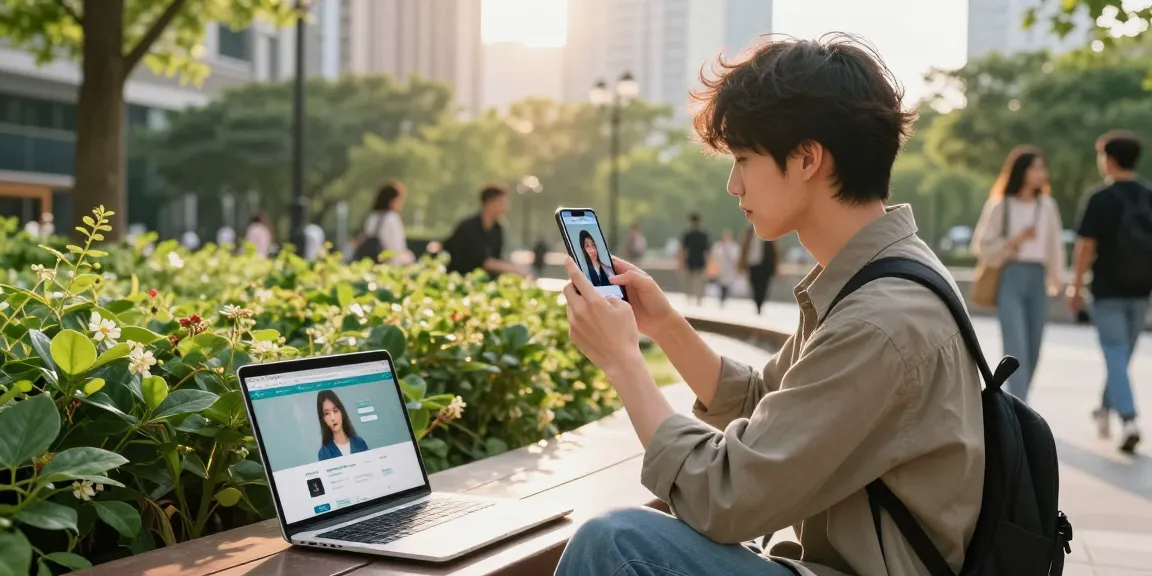Young adult testing attractiveness on smartphone, modern urban park scene.