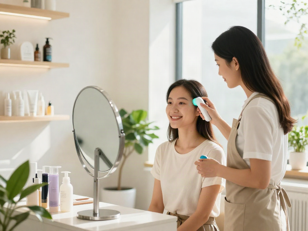 How old do I look? A woman checking her age estimate in a beauty studio.