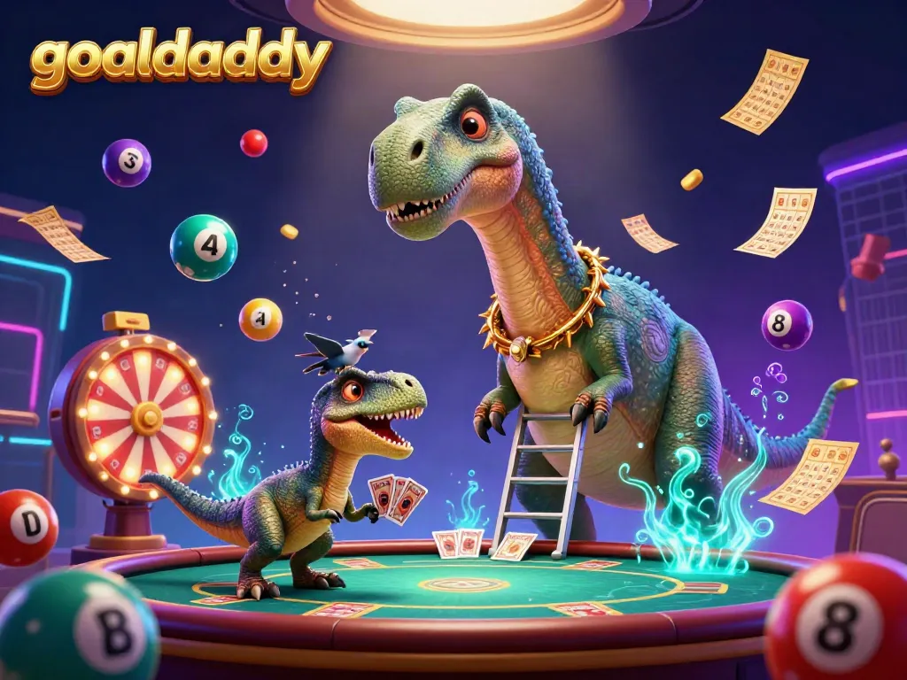 Engage with goaldaddy in an exciting casino scene featuring a giant brontosaurus and a clever raptor dealing cards.