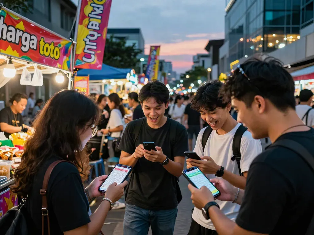 Friends enjoying lottery excitement outdoors with "harga toto" banners in a vibrant urban setting.