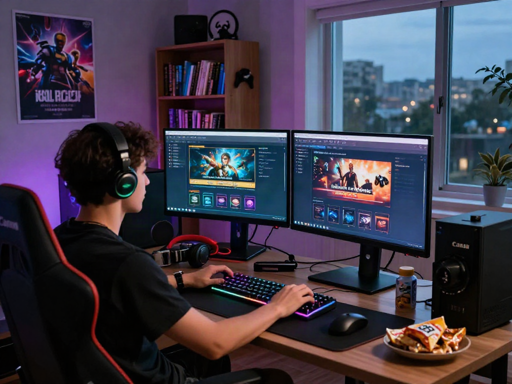 Gamer checks 먹튀검증 sites on dual screens in a cozy home office