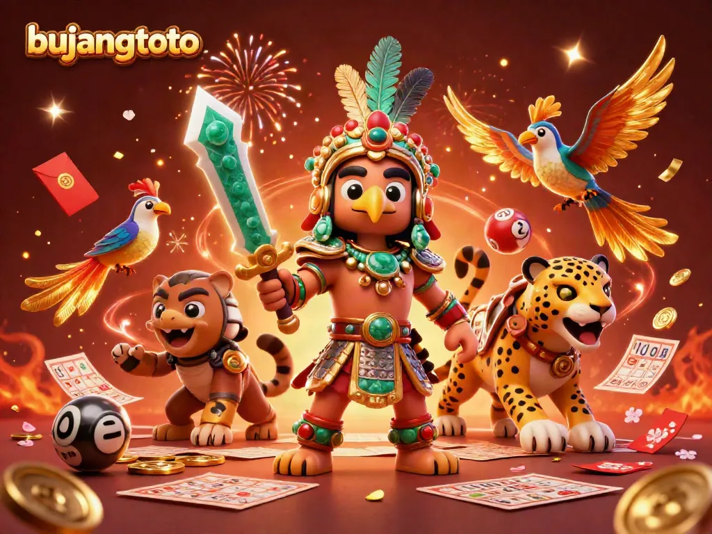 Engage with bujangtoto's dynamic lottery scene featuring Aztec warriors and colorful game elements.