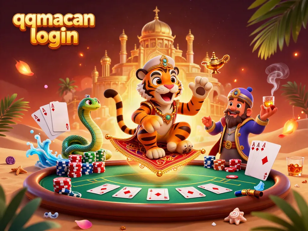 Engage in qqmacan login with this vibrant 3D illustration of Arabian-themed casino elements.
