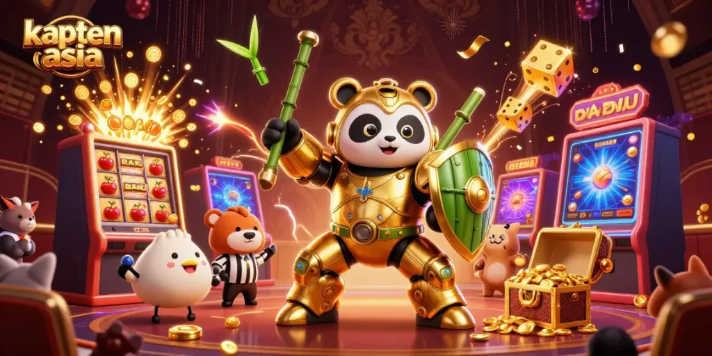 Kaptain Asia menampilkan panda emas dalam robot bertema bambu di arena kasino yang ramai.