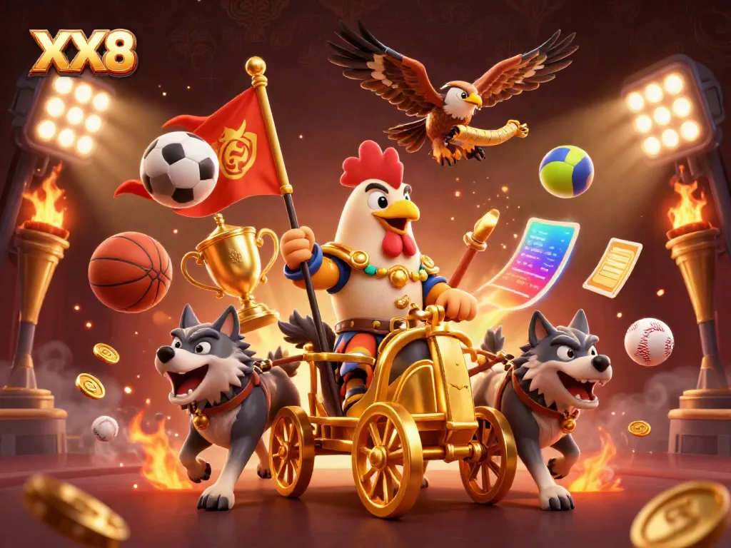 Engaging scene of XX8 casino with a rooster warlord in a golden chariot amid sports elements and dynamic gameplay.