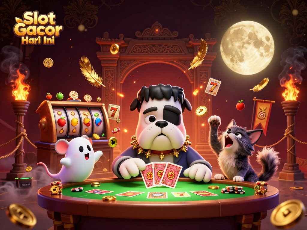 Engage with Slot Gacor Hari Ini as the Frankenstein bulldog and ghost mouse create winning card magic in a vibrant casino scene.