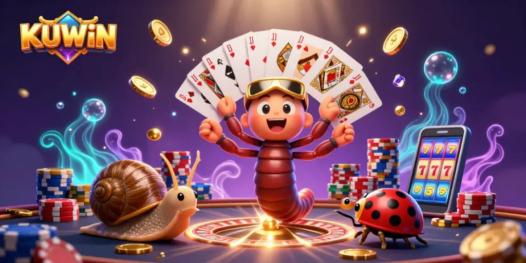 KUWIN stands out in online gaming with a lively illustration of a millipede dealer and vibrant game elements.